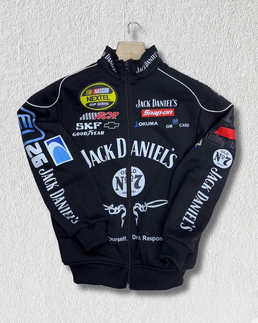 Front view of Jack Daniel’s Printed Puffer Jacket – Unisex Streetwear featuring Old No. 7 branding and colorful sponsor-style logos.