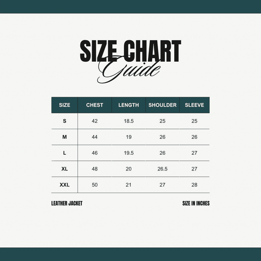 Size chart for Red Bull Vintage Racing Leather Effect Jacket showing chest, length, shoulder, and sleeve measurements in inches from S to XXL.
