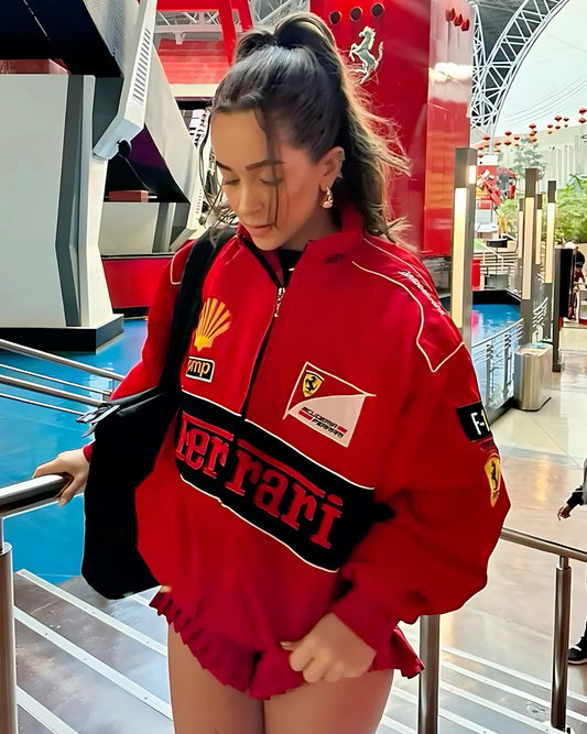 Vintage Ferrari F1 Racing Jacket – Authentic Collectible worn casually with racing patches and Ferrari branding, ideal for motorsport fans.