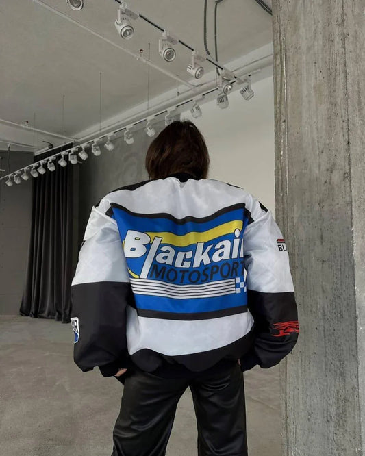 Back view of BlackAir Motorsport Jacket – NASCAR Printed Streetwear Drop featuring large BlackAir Motorsport logo and racing stripes.