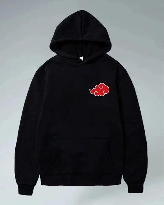 Front view of Zeeaura Black Akatsuki Hoodie featuring iconic red cloud design. Cozy oversized fit ideal for Naruto anime lovers.