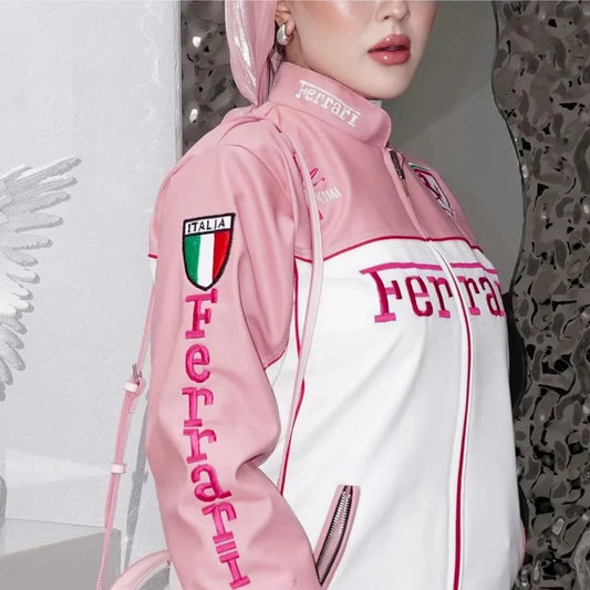 Close-up of Ferrari Pink Vintage Vegan Leather Jacket showing Italia patch and Ferrari branding. Eco-friendly motorsport-inspired fashion.