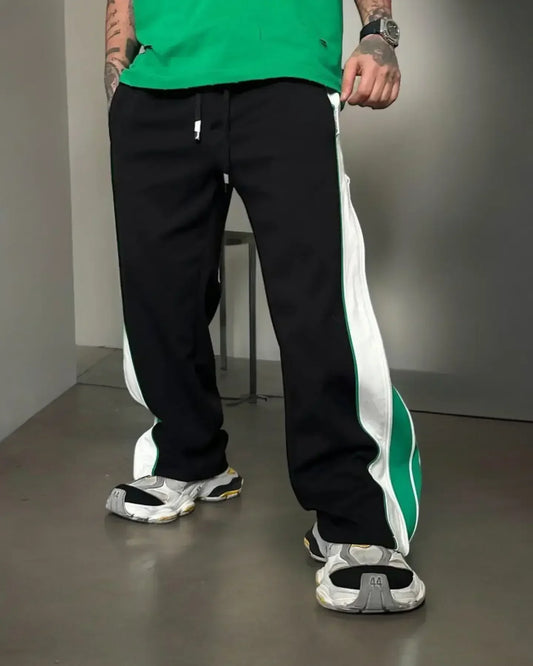 Green Straight Fit Baggy Pants 3 Way Zip Up Joggers with adjustable waistband and relaxed fit, ideal for modern loungewear and casual outfits.