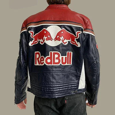 Back view of Red Bull Racing Jacket - Vintage Leather Effect featuring large Red Bull logo and retro racing design. Ideal for motorsport enthusiasts.