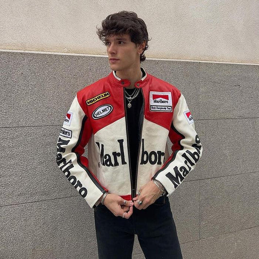 Marlboro Vintage White Racing Jacket with bold logos and red leather accents, ideal for retro motorsport fashion lovers.