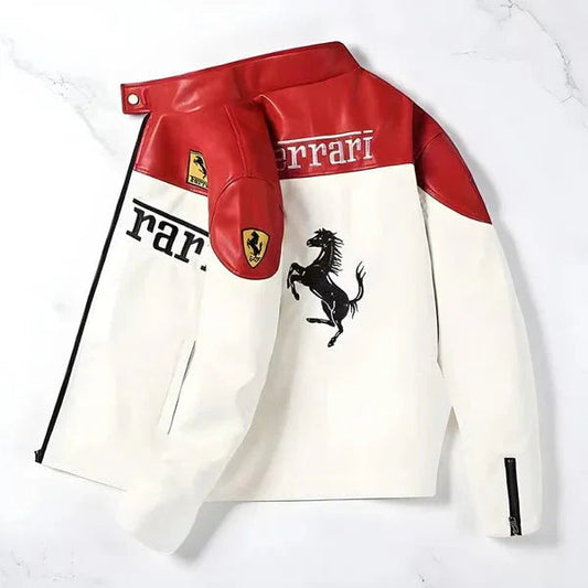 White & Red Ferrari Leather Jacket Luxe Edition featuring prancing horse logo and Ferrari branding, ideal for motorsport streetwear enthusiasts.