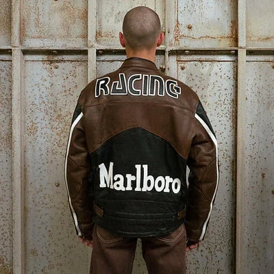 Back view of Racing Leather Jacket - Marlboro Vintage featuring large 'Racing' and 'Marlboro' text, combining retro style with a leather-look finish.