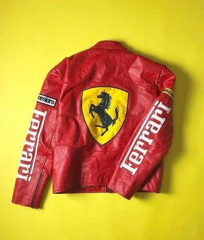 Ferrari Redblood Jacket - Limited Edition in bold red leather with iconic prancing horse logo and racing-style sleeve branding. Sporty outerwear for motorsport fans.
