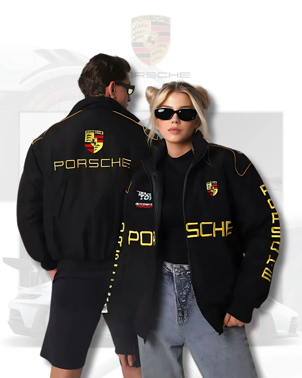 Porsche Vintage Racing Jacket – Formula 1 Premium Streetwear in black with bold yellow Porsche logo, worn by male and female models for streetwear appeal.