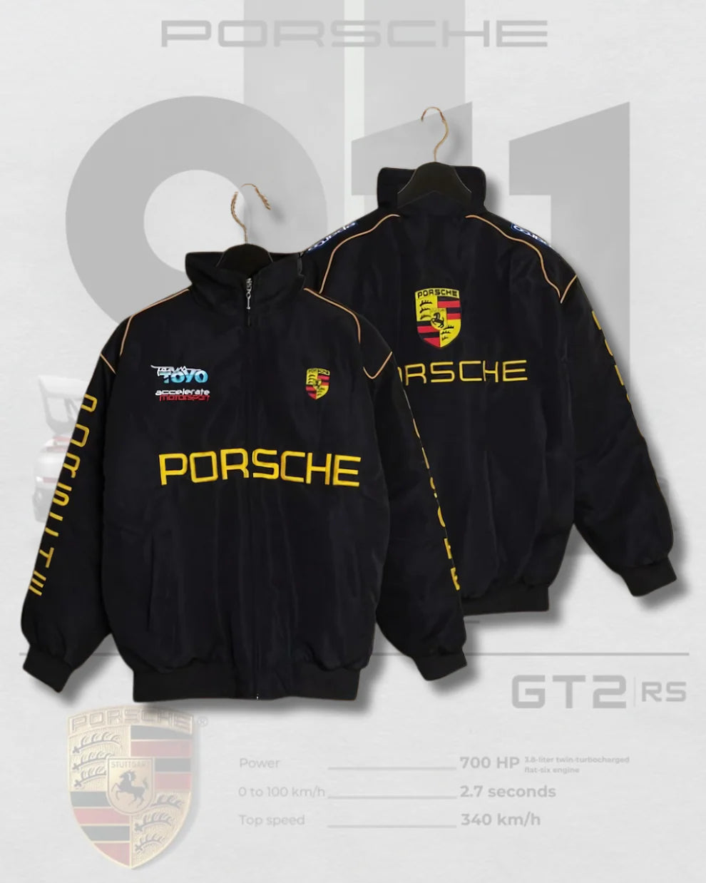 Front view of Porsche Vintage Racing Jacket – Formula 1 Premium Streetwear featuring embroidered Porsche crest and sponsor logos on black faux leather.