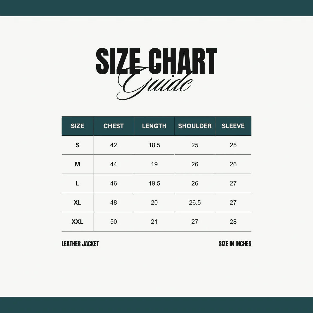 Size chart for Ferrari Vegan Leather Jacket with measurements for chest, length, shoulder, and sleeve in inches from S to XXL.