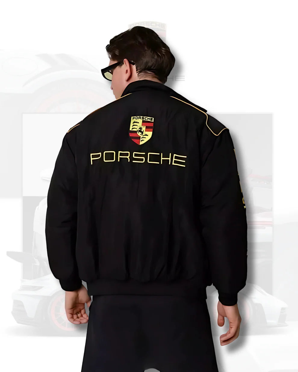 Back view of Porsche Vintage Racing Jacket – Formula 1 Premium Streetwear showcasing large Porsche logo and crest in yellow on black outerwear.