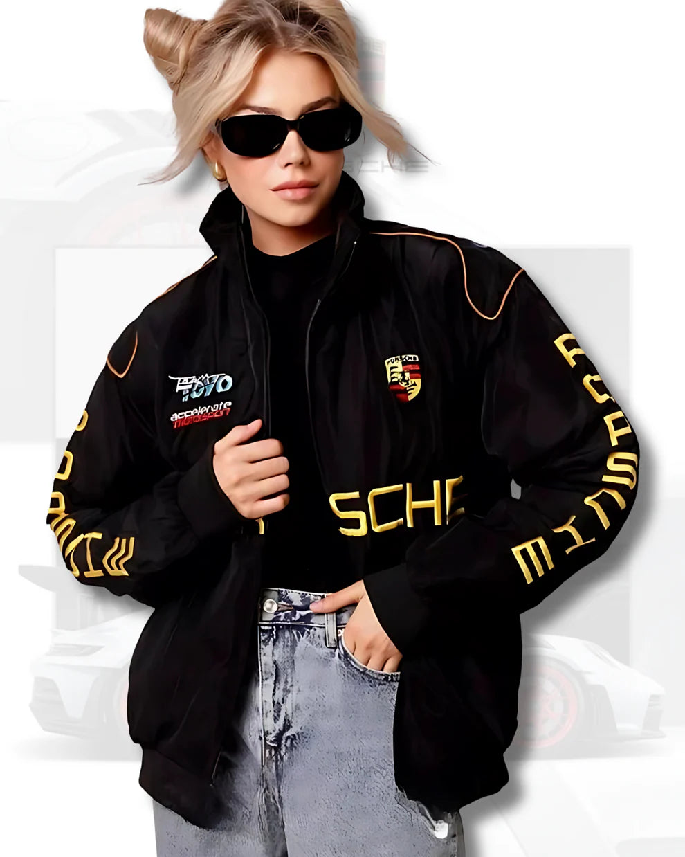 Female model wearing Porsche Vintage Racing Jacket – Formula 1 Premium Streetwear with yellow sleeve branding and embroidered chest logos.