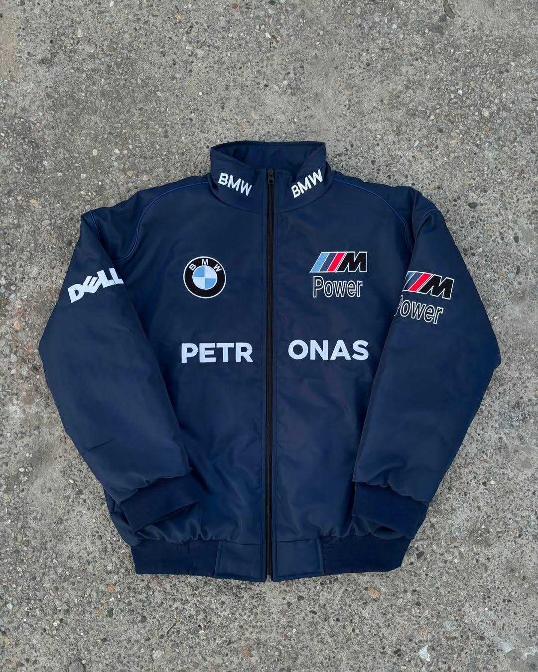 BMW Petronas F1 Racing Jacket in navy blue with bold logos including BMW, M Power, and Petronas, designed for motorsport fans.