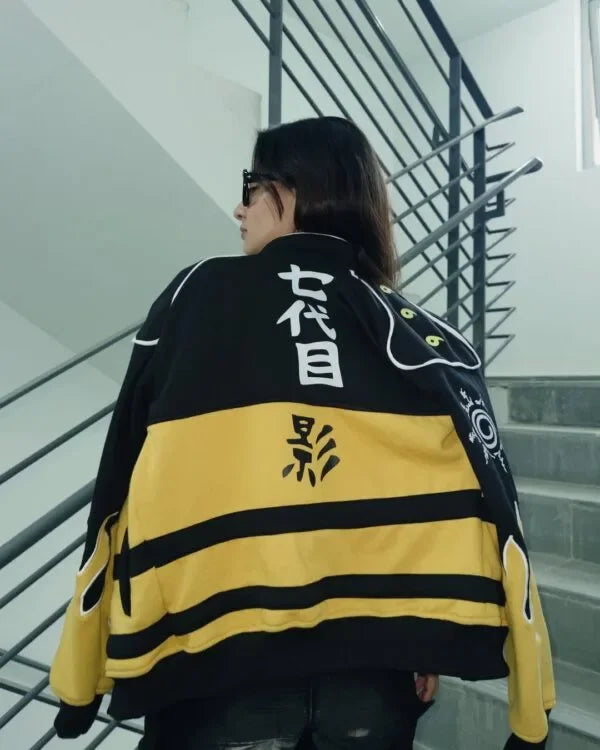 Back view of Naruto Flame Jacket - Streetwear Flame Patch showing Japanese kanji and flame design, perfect for anime fashion fans.