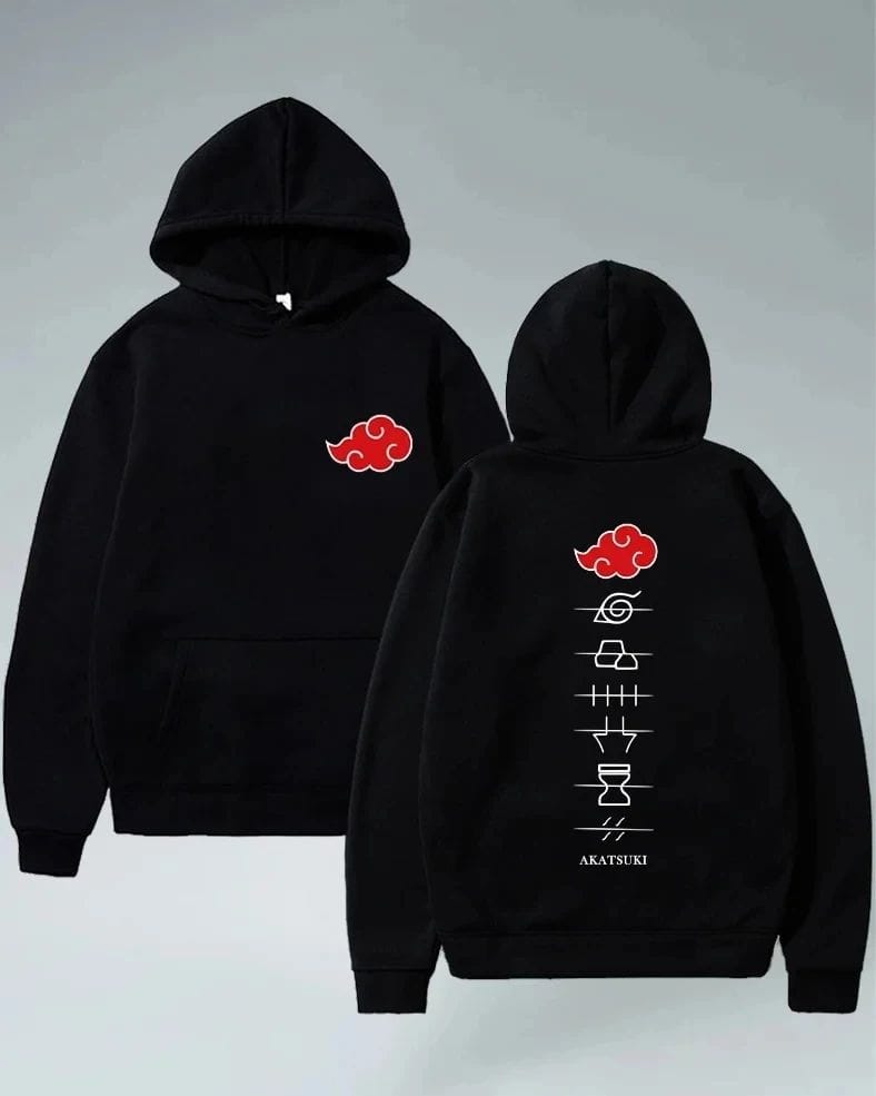 Zeeaura Black Akatsuki Hoodie with red cloud front and Naruto village symbols on back. Oversized fit for anime fans seeking comfort and style.