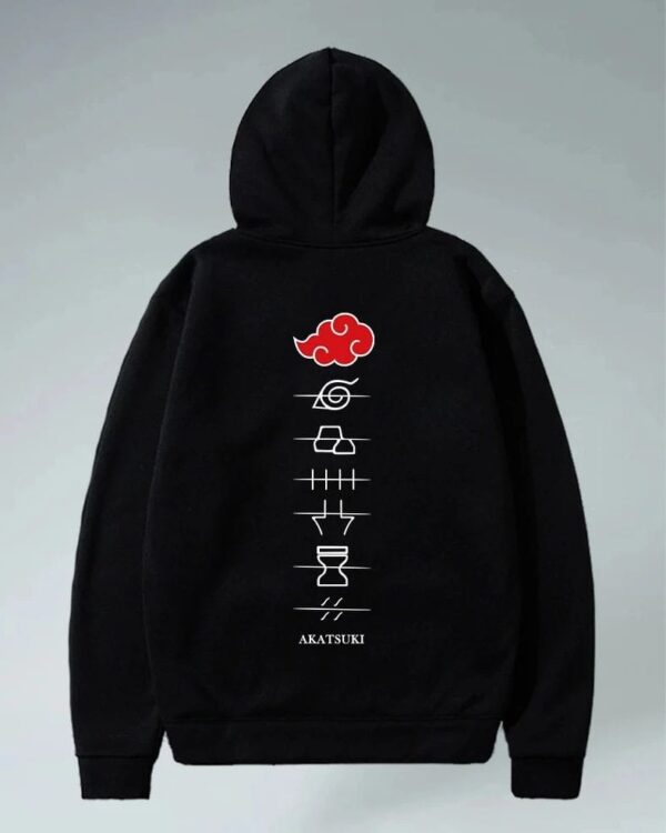 Back view of Zeeaura Black Akatsuki Hoodie with red cloud and Naruto village symbols. Stylish oversized hoodie for anime apparel collections.
