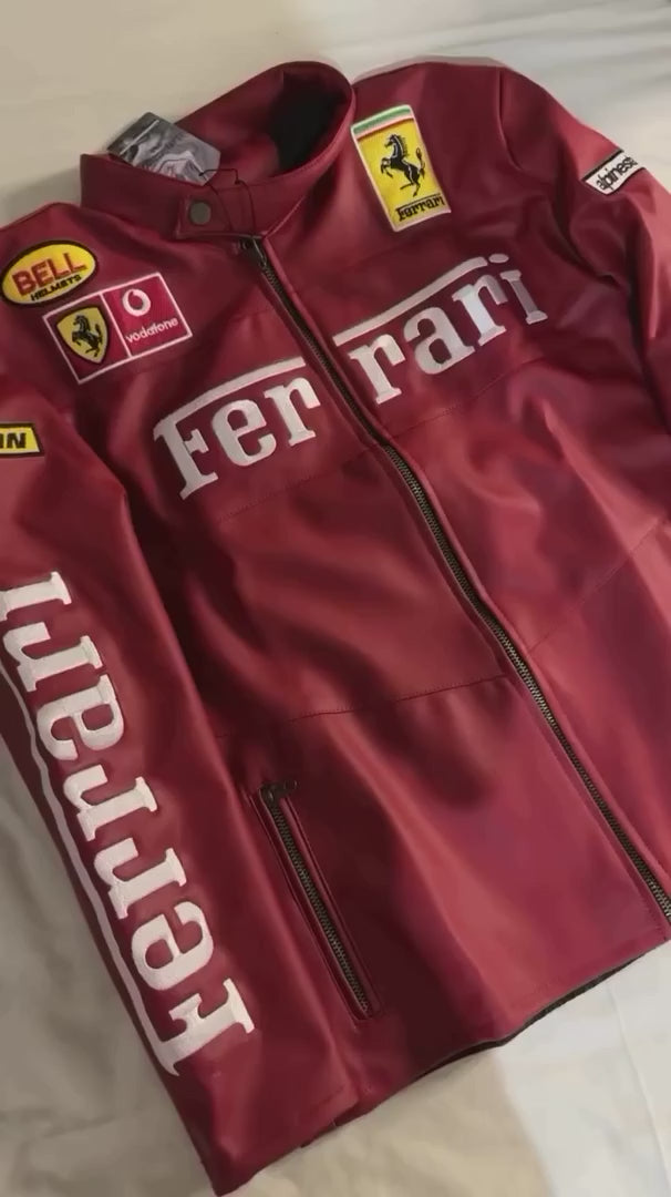 Ferrari Redblood Jacket - Limited Edition in bold red with racing patches and Ferrari logos. Sporty outerwear for motorsport fashion lovers.