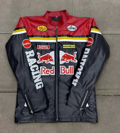 Red Bull Leather Jacket - High-Octane Design | Streetwear Vibe featuring bold Red Bull logos, racing patches, and a sleek black-red finish. Ideal for motorsport fans.