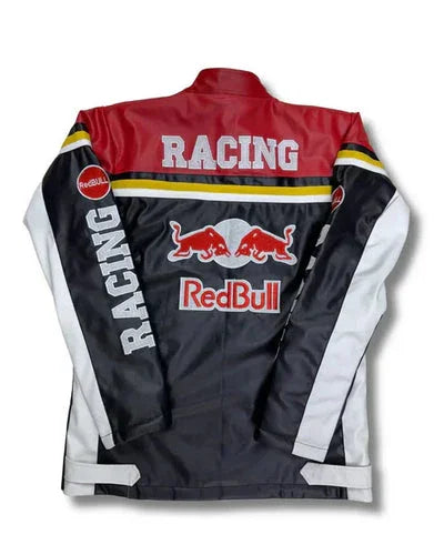 Red Bull Leather Jacket with bold racing graphics, featuring Red Bull logo and high-octane streetwear design in black, red, and white.